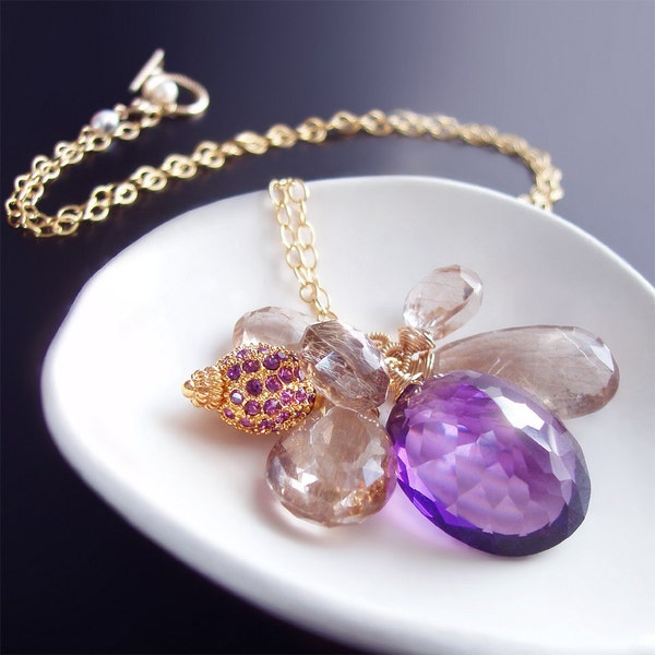 Purple Amethyst Necklace With Golden Rutilated Quartz Charms