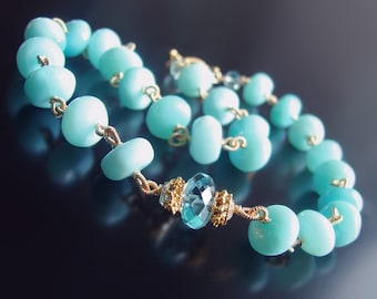 CUSTOM Made to Order - 14k Solid Gold Peruvian Opal and Aquamarine Necklace