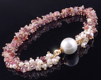 CUSTOM made to Order - Gold Multi Spinel and Keishi Pearl Bracelet with Vintage Pearl Clasp