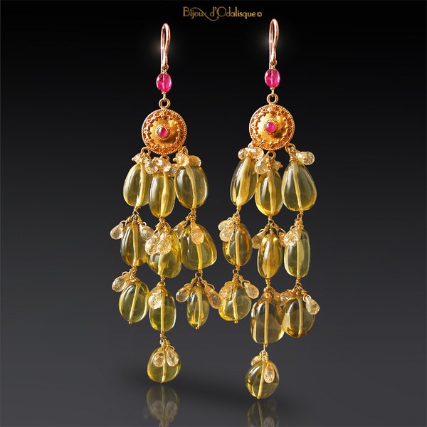 RESERVED for M -  payment 1- 18k Solid Gold Ruby Cabochon Earrings with Lemon Topaz, Imperial Topaz, and Sapphire