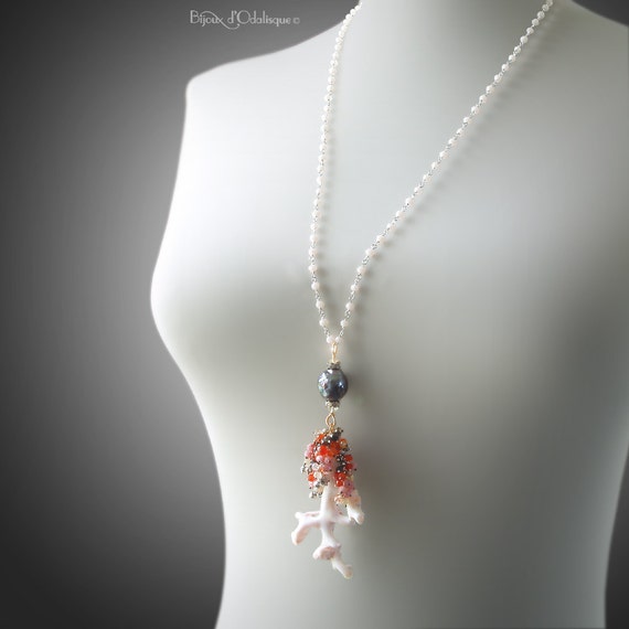 Japanese White Coral Necklace With Kasumi-like Pearl, Carnelian