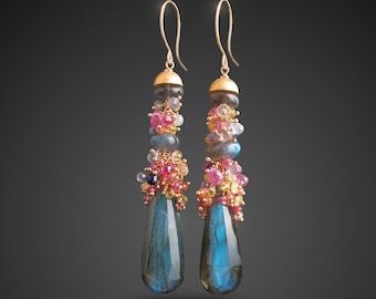 CUSTOM made to order - Labradorite and Multi-Sapphire Long, Dangle, Gold Earrings