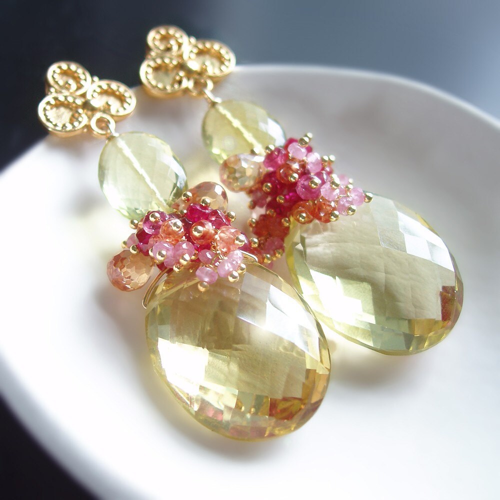 Custom Made to Order - Lemon Quartz Earrings with Pink Sapphire, Red Spinel, Tourmaline, and Topaz