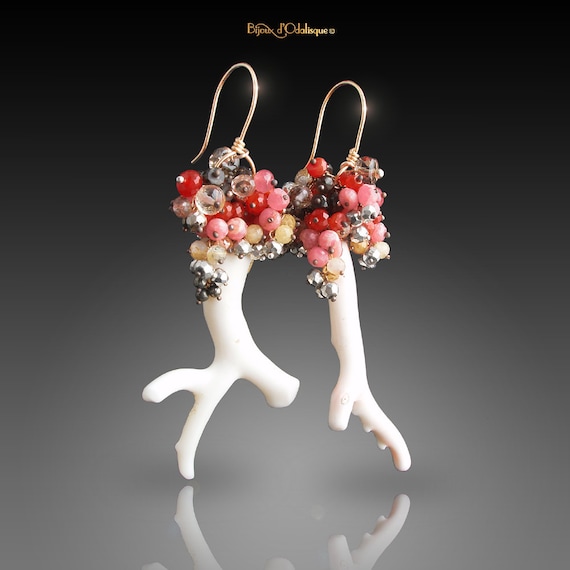 Japanese White Coral Earrings with Bohemian Garnet, Carnelian, Pyrite, Rhodochrosite, Rare Zebra Garnet, Champagne Zircon, and Smoky Topaz