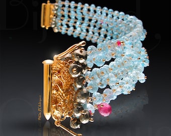 CUSTOM Made to Order- Multi-Strand Aquamarine Bracelet with Pyrite, Pink Sapphire, and London Blue Topaz Accents