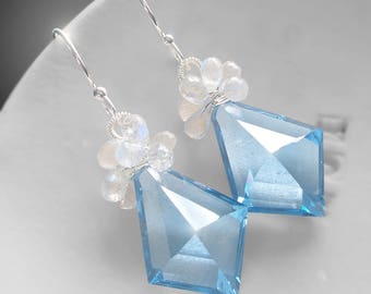 Diamond-shape Sterling Silver, Blue Topaz, and Moonstone Earrings