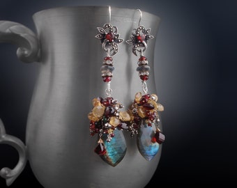 Labradorite Earrings with Vintage Marcasite, Garnet, Heliodor, Silver Pyrite, and Yellow Sapphire