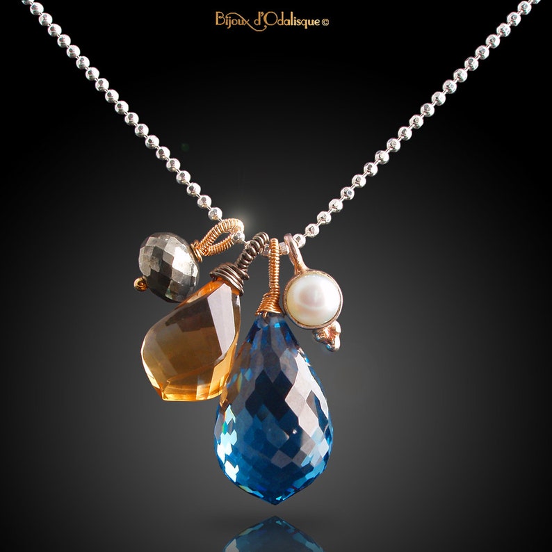 London Blue Topaz, Citrine, Pyrite, and Pearl Charm Necklace with Mixed Metals image 1
