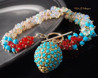 Custom Made to Order - Ethiopian Opal, Turquoise, and Mexican Fire Opal Ombre Charm Bracelet