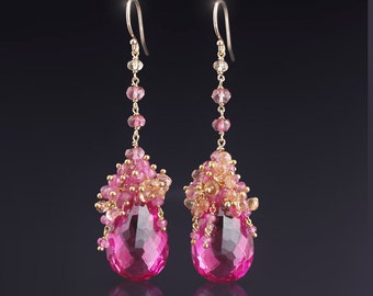 CUSTOM Made to Order - 14k Solid Gold Earrings with Hot Pink Topaz, Orchid Pink Sapphires, and Imperial Topaz