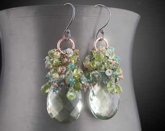 CUSTOM Made to Order - Green Amethyst Absinthe Earrings with Peridot, Emerald, Sapphire, and Tsavorite