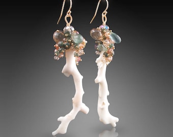 CUSTOM Made to Order - 14K White Coral Earrings with Green Sapphire, Moss Aquamarine, Peach-Champagne Zircon, Mystic Champagne Quartz