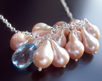 CUSTOM Made to Order - Baroque Pearl Cloud Necklace with Swiss Blue Topaz and Sterling Silver