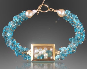 Vintage Watch Case Bracelet with Floating Pearls and Swiss Blue Topaz