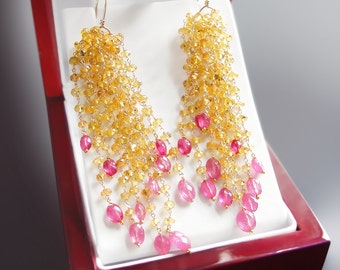 Yellow and Hot Pink Sapphire Dangle Earrings - CUSTOM Made to Order Just for You