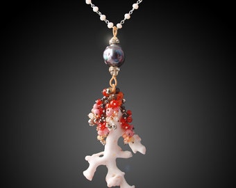 Japanese White Coral Necklace with Kasumi-like Pearl, Carnelian, Rhodochrosite, Garnet, Pyrite, Zircon, Chalcedony, and Vintage Accents