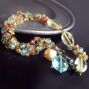 CUSTOM Made to Order - Sapphire Charm Bracelet with Citrine, Pyrite, Pearl, and Swiss Blue Topaz