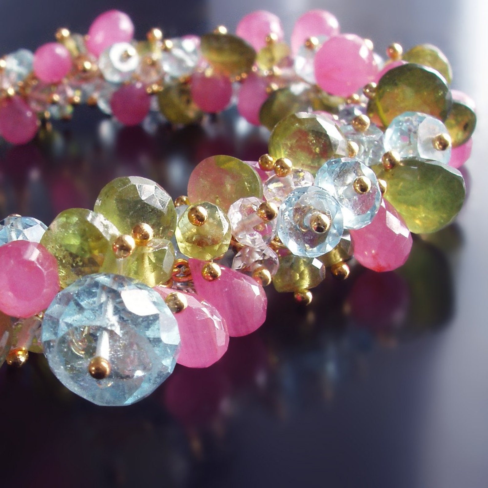 Candy Pink Sapphire Bracelet With Green Aquamarine, and