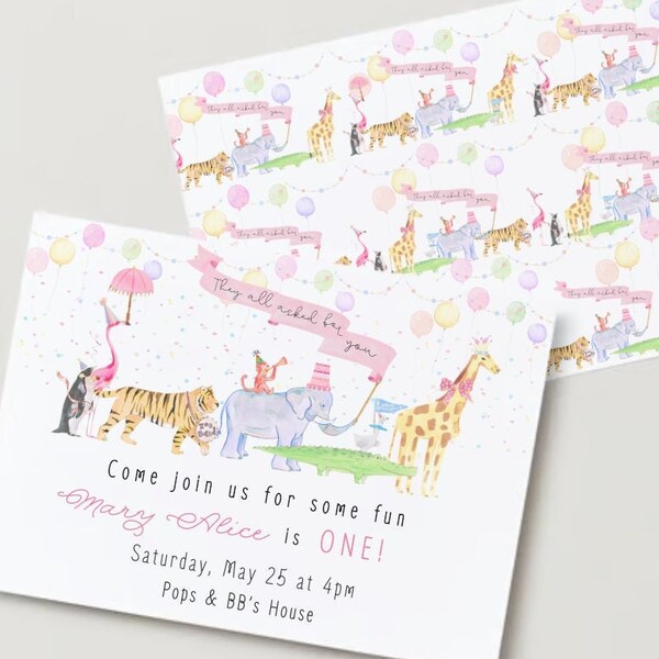 Birthday Invitation whimsical Zoo Animal Parade Second Line