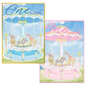 Tarjetas de hitos digitales - Tema de animales de circo - Rosa o azul, carrusel de acuarela