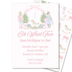 May include: A pink and white striped invitation with a watercolor illustration of a nutcracker, a rocking horse, and a fox. The text reads "Oh What Fun Kara McKlayne is One!" with details about the event, including the date, time, location, and RSVP information.