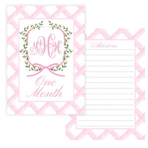 Cartes d'étapes personnalisées NUMÉRIQUES - écusson à monogramme, treillis rose, aquarelle