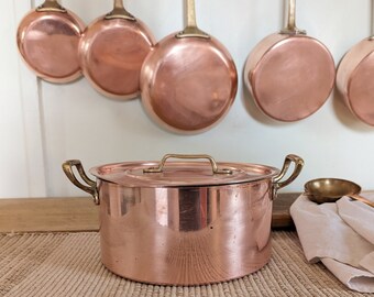 Vintage Meteux Ouvres Vesoul French Copper & Brass Casserole Pot with Lid