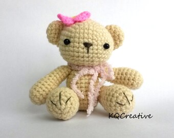 Crochet Amigurumi-Beige Teddy with Pink Flower and Scarf-Ready to Ship