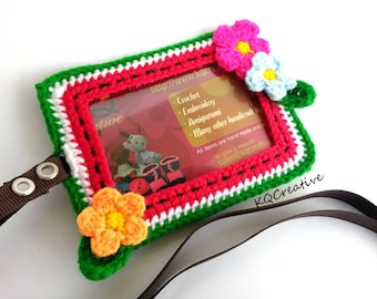 Crochet ID Cardholder- Water melon- Green and Red with small crochet flowers