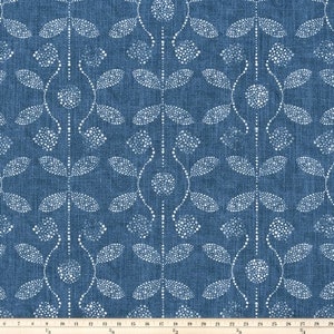 May include: A blue fabric with a white floral pattern. The pattern is made up of small dots that form leaves and flowers.