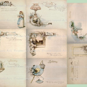 May include: A vintage printable digital sheet with a weekly planner design. Each day of the week is framed with a different image and a quote. The sheet is in pastel colors with a light blue background.