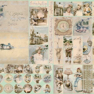 Pode incluir: Uma folha de colagem digital com uma estética vintage que apresenta imagens de crianças, flores, pássaros e relógios. A folha inclui o texto "My Ladye At Home Booke" e "Bonus Digital Sheet 3".