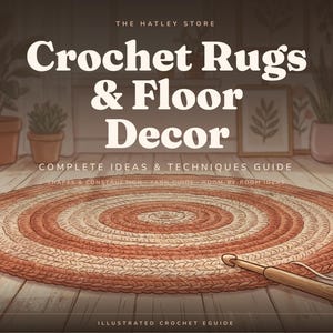 以下が含まれることがあります： The Hatley Store Crochet Rugs & Floor Decor Complete Ideas & Techniques Guideというタイトルのデジタルガイド。表紙には、茶色とクリーム色の渦巻き模様の円形ラグ、木製の編み針、毛糸玉が描かれています。
