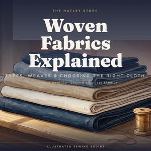 May include: A stack of folded fabric in shades of dark blue, tan, and cream. The text reads: THE HATLEY STORE, Woven Fabrics Explained, TYPES, WEAVES & CHOOSING THE RIGHT CLOTH, WOVENS & WEIGHTS, GRAIN & BIAS, 18+ FABRICS, ILLUSTRATED SEWING EGUIDE.