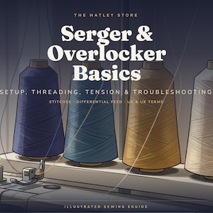 May include: An illustrated sewing e-guide titled The Hatley Store Serger & Overlocker Basics: Setup, Threading, Tension & Troubleshooting, Stitches, Differential Feed, US & UK Terms, featuring four large spools of thread in blue, teal, gold, and beige.