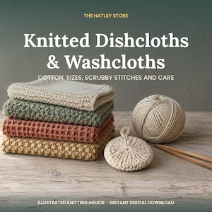 May include: A stack of four knitted dishcloths in cream, sage green, terracotta, and yellow, alongside a ball of yarn, a round scrubby, and two wooden knitting needles. Text reads: THE HATLEY STORE, Knitted Dishcloths & Washcloths, COTTON, SIZES, SCRUBBY STITCHES AND CARE, ILLUSTRATED KNITTING eGUIDE - INSTANT DIGITAL DOWNLOAD.