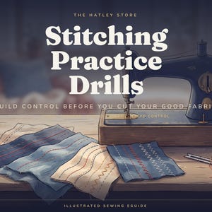 May include: A dark blue sewing machine sits on a wooden table next to fabric swatches featuring various stitched lines and patterns. The text reads: THE HATLEY STORE, Stitching Practice Drills, BUILD CONTROL BEFORE YOU CUT YOUR GOOD FABRIC, ILLUSTRATED SEWING EGUIDE.