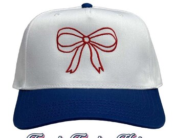 Coquette Bow White/Royal Trucker Hat, Embroidered Hat, Trendy Trucker Hat, American Hat, 4th of July