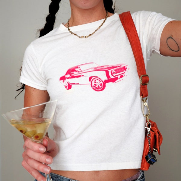 Hot Pink Vintage Car 90s Y2K Baby Tee | Sustainable Cotton T-Shirt