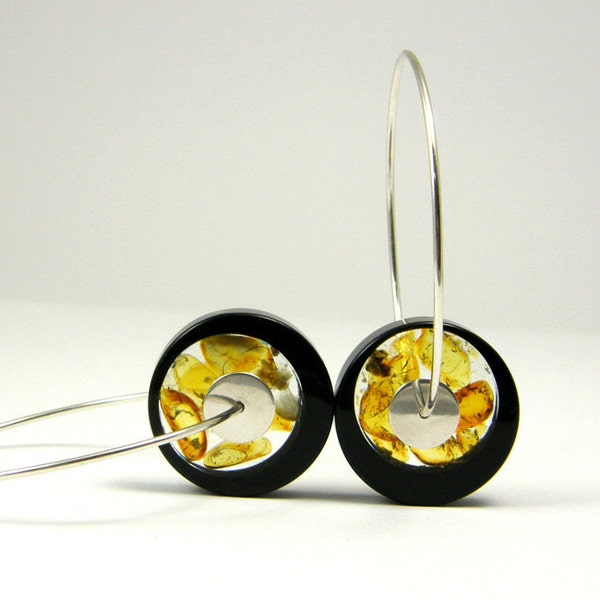 Black Amber Earrings, Baltic Amber Black Earrings in Sterling Silver, Round Earrings, Modern Geometric Earrings