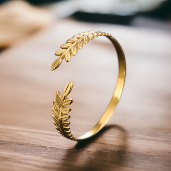 Greek Roman Laurel Leaf Bracelet - Gold Color Stainless Steel Boho Bangl