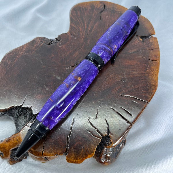 Hand Turned Cigar Style Acrylic Ink Pen - Purple and Bronze colored Acrylic with Black Hardware. (RK-019)