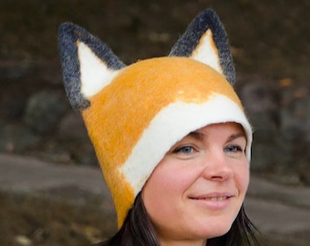 Felt Fox Hat with Ears Realistic Woodland Animal Design, Handmade from Pure Wool, Festival, Cosplay, Sauna, Street, Fun Gift Boyfriend Gift