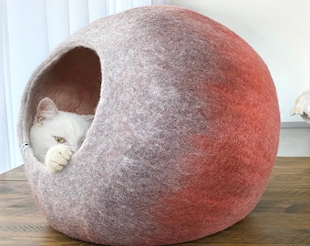 Cat Bed / Cat Cocoon / Cat Cave House / Felt Pet Furniture, Hand Felted Wool -  Tan Coral Red Modern Natural Artisan Made Design