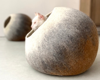 Lit pour chat en feutre, grotte pour chat en feutre de haute qualité, maison cocon pour chien, meubles pour animaux de compagnie - laine feutrée à la main, bulle de laine feutrée - design moderne minimal