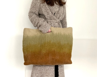 Handmade Wool Ombre Rustic Green Tote Bag - Versatile Extra Large Art Piece for Everyday Adventures