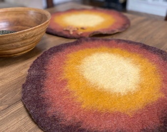 Handmade Wool Round Felt Placemats in Warm Maroon Yellow | Felted Wool Table Protector, Coaster, Hot Pad | Eco-Friendly natural Charger Mats