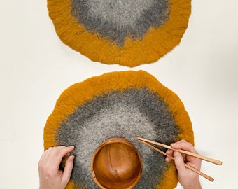 Table Mat, Plate Placemat, Hot Pot Holder, Natural Merino Wool Fibre Art Hand Felted Round Circle Fungi, Minimalist Modern Design Home Decor