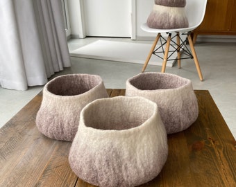 Felt Storage Basket Bin - Wool Organizer for Nursery, Bathroom, Home Decor | Nestled Art Container, Round Beige Ombre Handmade Gift