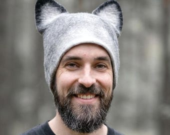 Handmade Felt Wolf Hat – Merino Wool Animal Cap, Custom-Fit Sizes